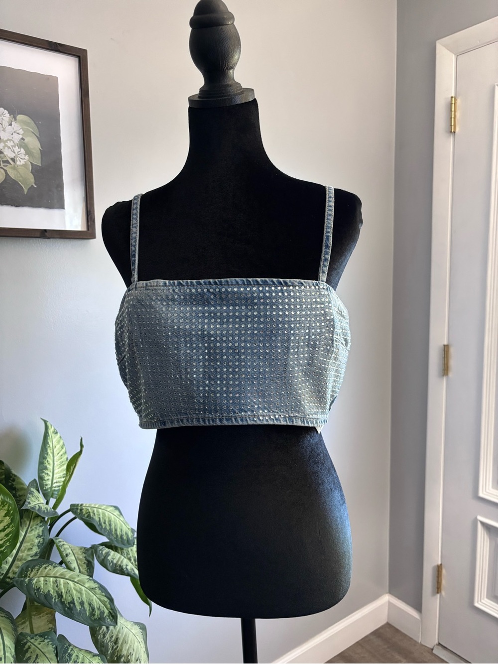 Zara Light Blue Studded Denim Crop Top